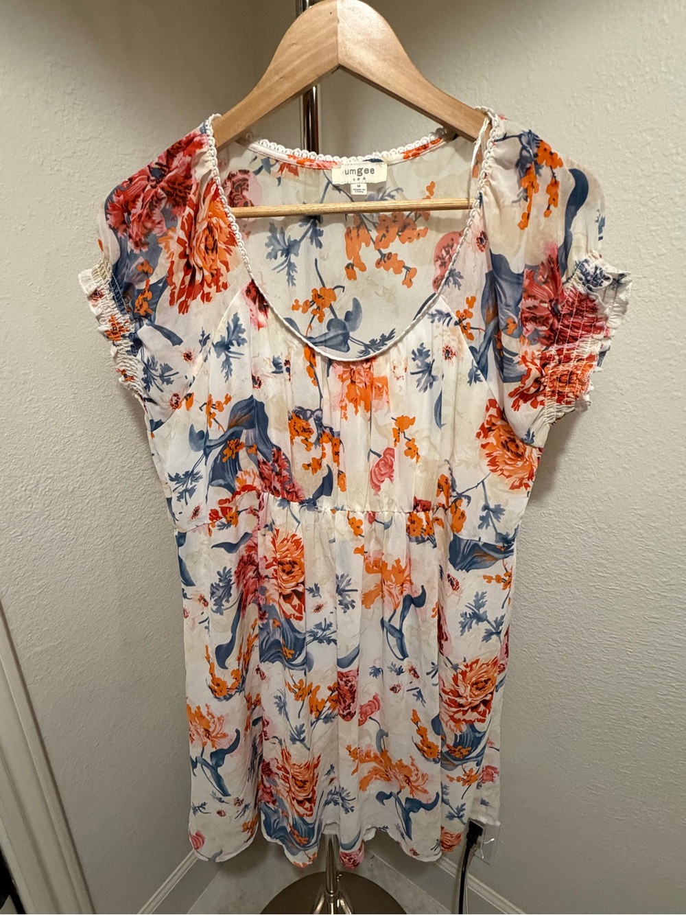 umgee White Floral Short Sleeve Boho Dress